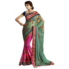 Triveni Spectacular Magenta Colored Embroidered Net Georgette Saree